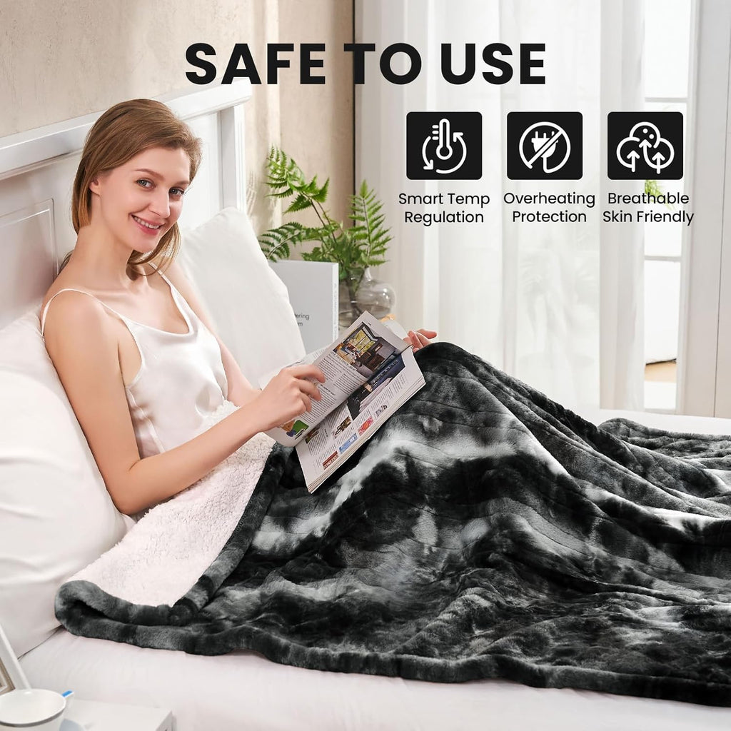 Electric Heated Throw Blanket 50"x60",Luxury Black Faux Rabbit Fur Electric Blanket,Fast Heating Soft Fluffy Thick Electric Blanket with 6 Heating Levels & 12H Auto Off