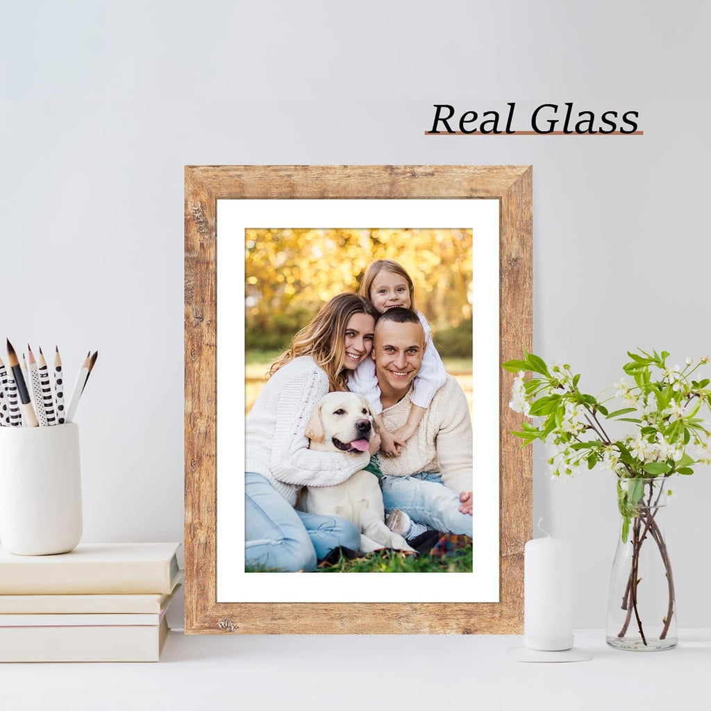 iRahmen 10x14 Picture Frame Set of 4 with Tempered Glass, Rustic Brown Frame Display 8x12 Pictures with Mat or 10 x 14 Without Mat, Wooden Photo Frames for Wall Mounting