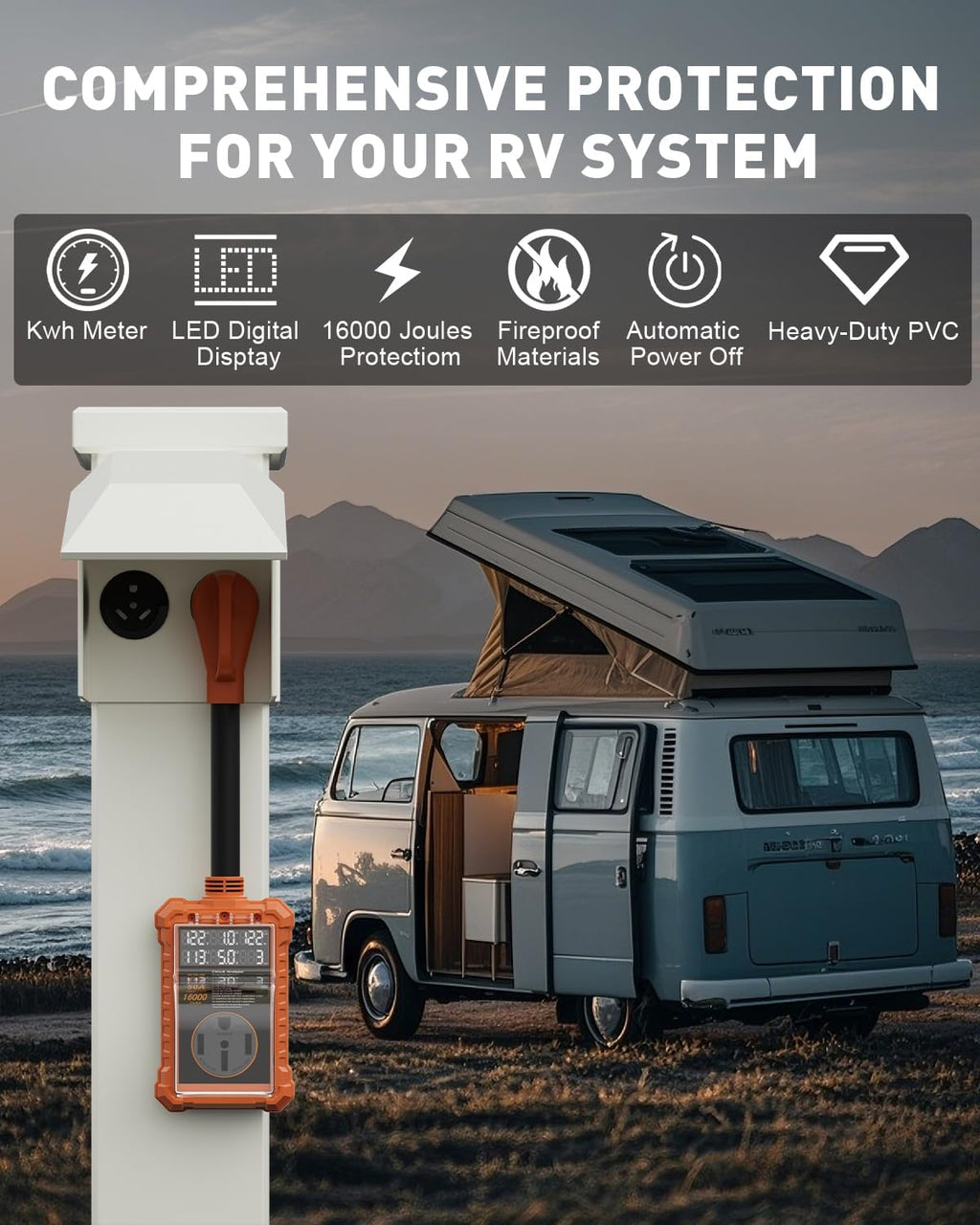 RV Surge Protector 50 Amp with Digital Display & Auto-Shutoff, 16,000J Circuit Analyzer, Real-Time Voltage Current KWH, Waterproof RV Power Surge Protector for Camper, Motorhomes