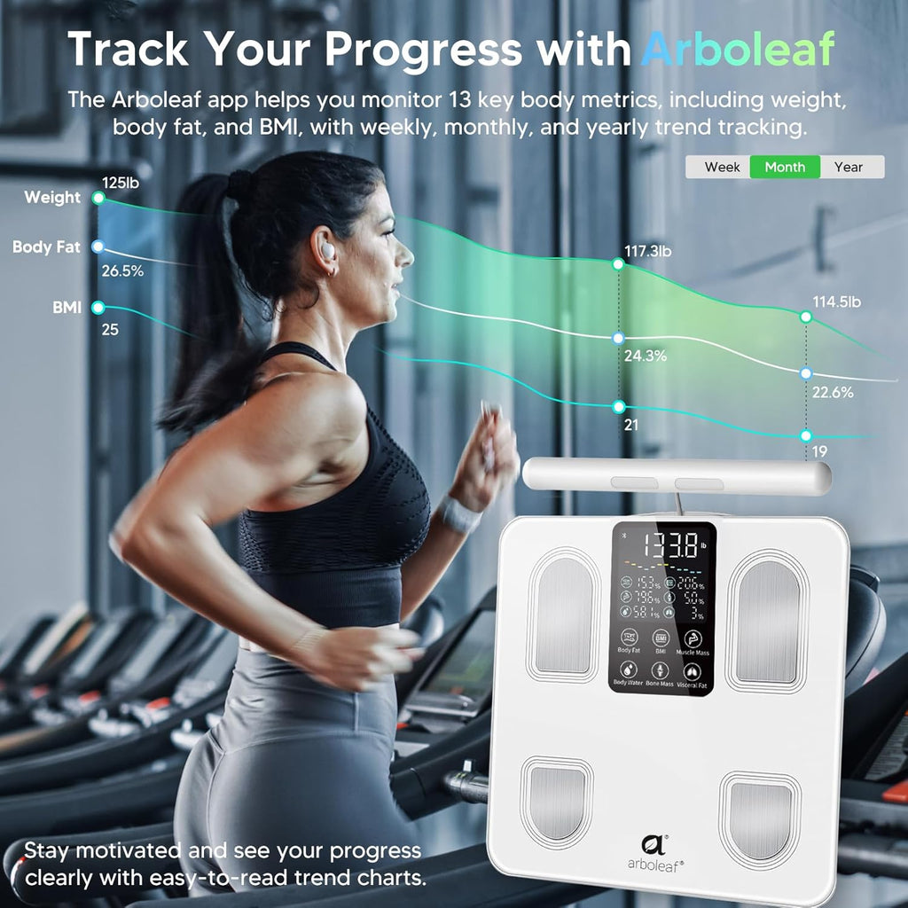 arboleaf Scale for Body Weight, Smart Scale with BMI, Body Fat, Muscle Mass, 26 Metrics Full Body Composition Analyzer, 8-Electrode High Precision Digital Bathroom Scale, Bluetooth Sync, White