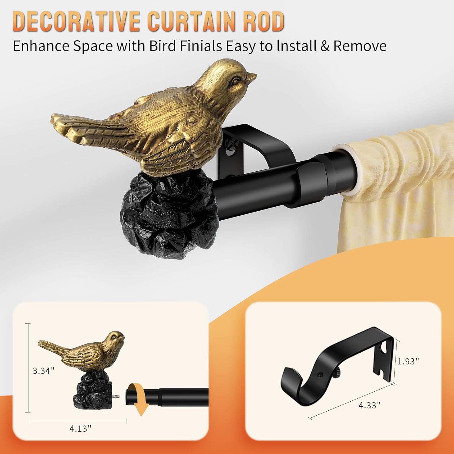 Decorative Black Curtain Rod 36 to 120 Inches Adjustable Drapery Rod with Bird Finials Heavy Duty Curtain Rods for Windows Living Room Kitchen