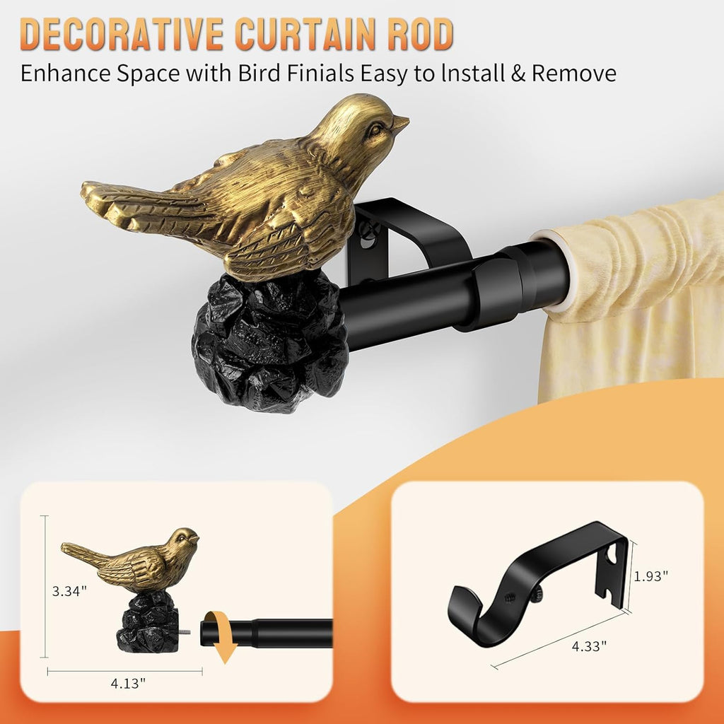Decorative Black Curtain Rod 48 to 90 Inches Adjustable Drapery Rod with Bird Finials Heavy Duty Curtain Rods for Windows Living Room Kitchen