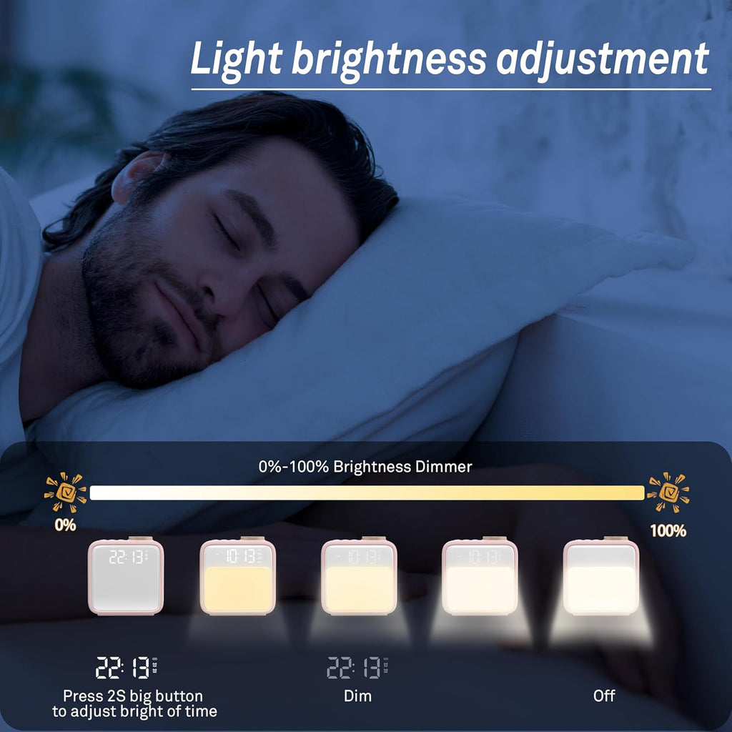 AIRIVO Alarm Clock Night Lights, Rechargeable Alarm Clock for Bedrooms, 6 Scenes & White Noise Sync, Dual Alarms & Snooze, for Heavy Sleepers, Gifts for Kids Teens (Pink)