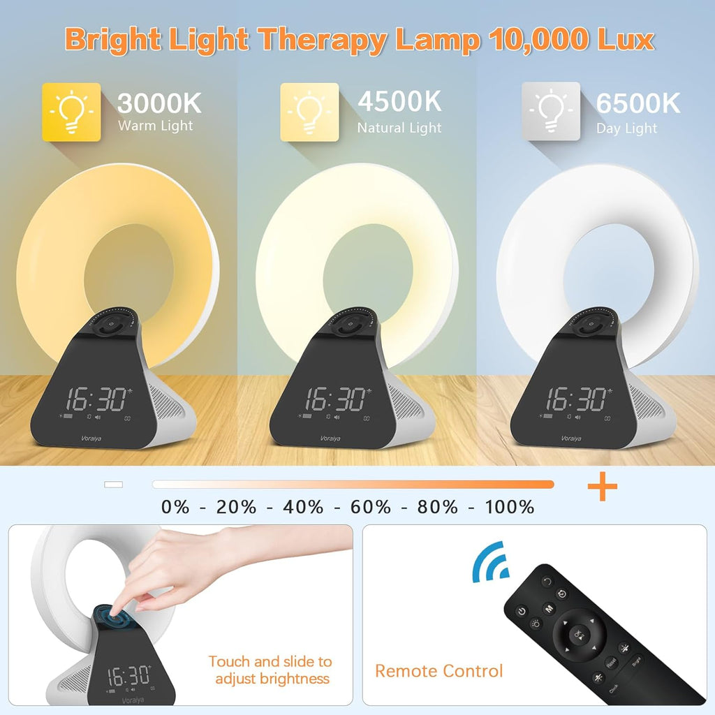 Voraiya Light Therapy Lamp 10000 Lux with Bluetooth, 8 White Noises, Dimmable Wake Up Light Sunrise Alarm Clock, 4 Timer Settings, Memory Function for Sensitive Sleepers and Home Office