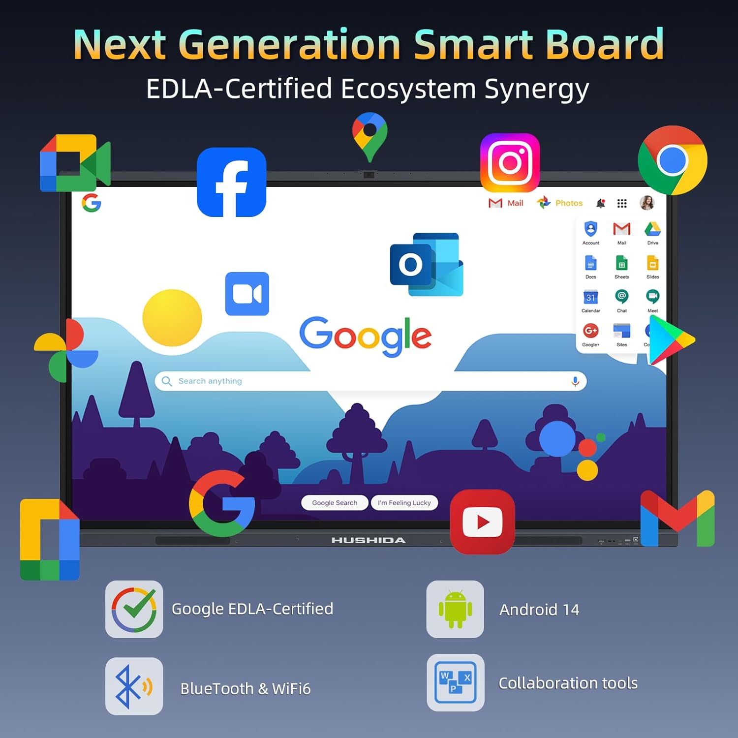 86" Smart Board Google EDLA-Certified 4K Interactive Whiteboard SmartBoard for Classroom & Office, Android 14 & Windows 11 Pro 8G RAM+256G ROM Touchscreen with 13MP AI Camera 40-Points Wall Mount