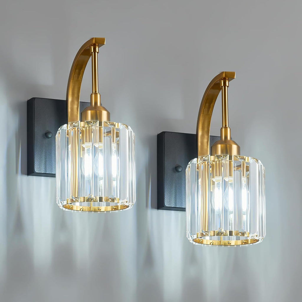 Wall Sconces, Set of 2 Black Gold Crystal Vanity Lights, Modern Wall Lamp for Bathroom, Hallway, and Makeup, Easy Installation