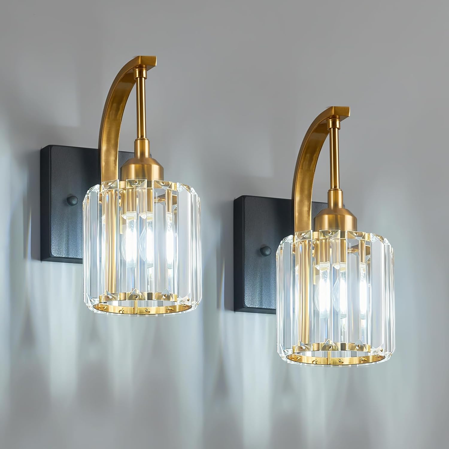 Wall Sconces, Set of 2 Black Gold Crystal Vanity Lights, Modern Wall Lamp for Bathroom, Hallway, and Makeup, Easy Installation