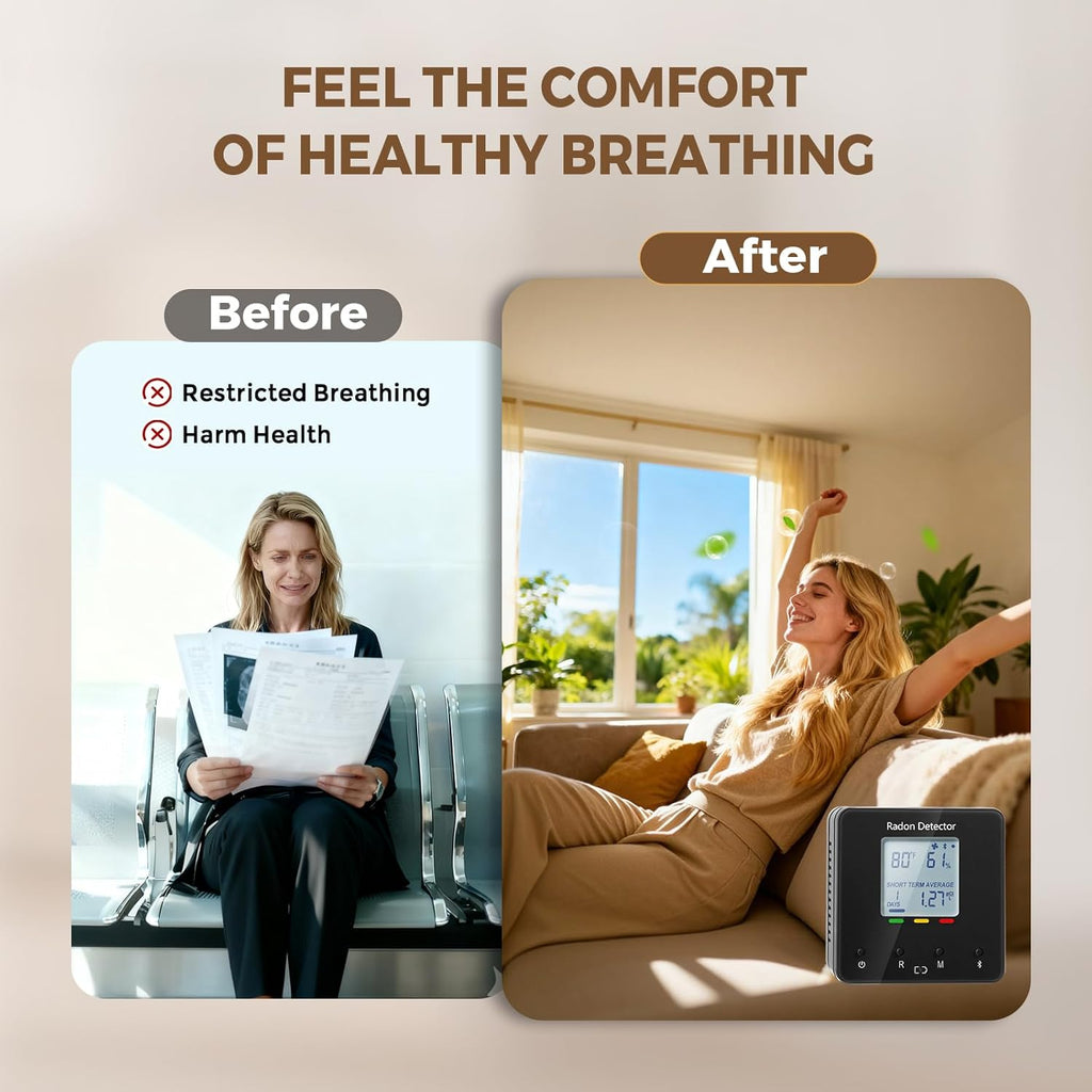 Bluetooth Radon Detector for Home, Portable Radon Tester with Real Time Gas Concentration, Temp & Humidity Monitoring, App Alerts, Detect Hidden Risks and Breathe with Confidence, Black