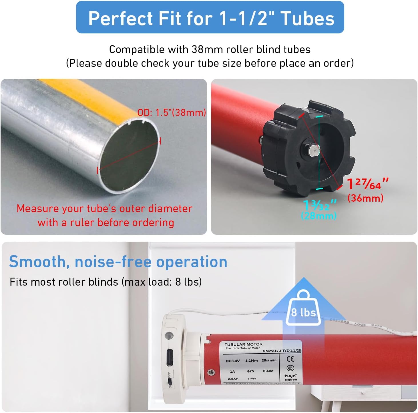 Zigbee Roller Blinds Motor – Smart Tubular Motor for 1-1/2" (38mm) Tubes – 5V Rechargeable, Works with Tuya Zigbee Gateway – Voice & App Control (Alexa/Google Home) Controlled Motors for Smart Shades