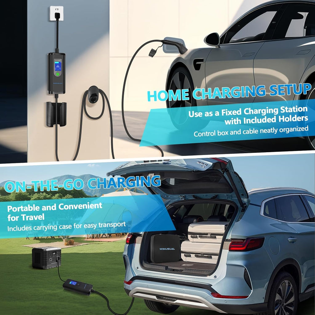 40 amp EV Charger Level 2 & 1 Portable EV Charging Station with 25FT Cable, 240V, NEMA 14-50 Plug with SAE J1772 Fast Charging for Indoor/Outdoor(with Tesla Adapter & NEMA 5-15 Plug)