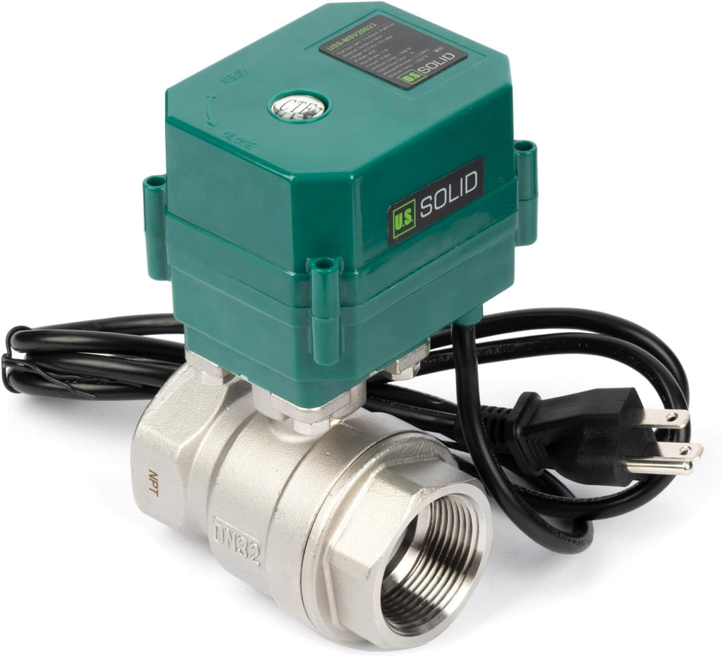 U.S. Solid 1-1/2" Motorized Ball Valve with US Plug 110VAC Stainless Steel Electrical Ball Valve,Auto Return, Normally Open