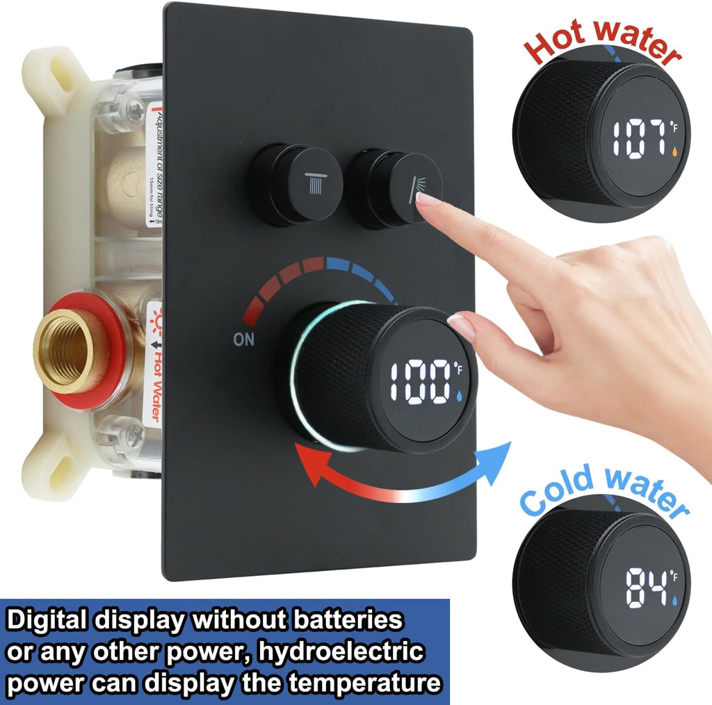 Digital Display Shower Valve Shower Valve 2 Way Shower Diverter Valve Shower Mixing Valve Can Use All the Time Matte Black
