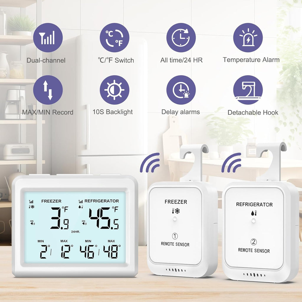 Digital Refrigerator Thermometer - 3.7 inch LCD Backlight Freezer Thermometer with 2 Sensors, Digital Fridge and Freezer Thermometer with Alarm, Max/Min Records, for Homes Restaurants Cellars