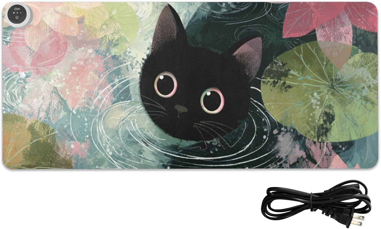 Heated Desk Pad Mouse Pad 31.5x13 Inch PU Leather Desk Mat with 3 Heat Levels Large Mouse Gaming Computer Laptop Mat Cat Lotus Flowers Blue