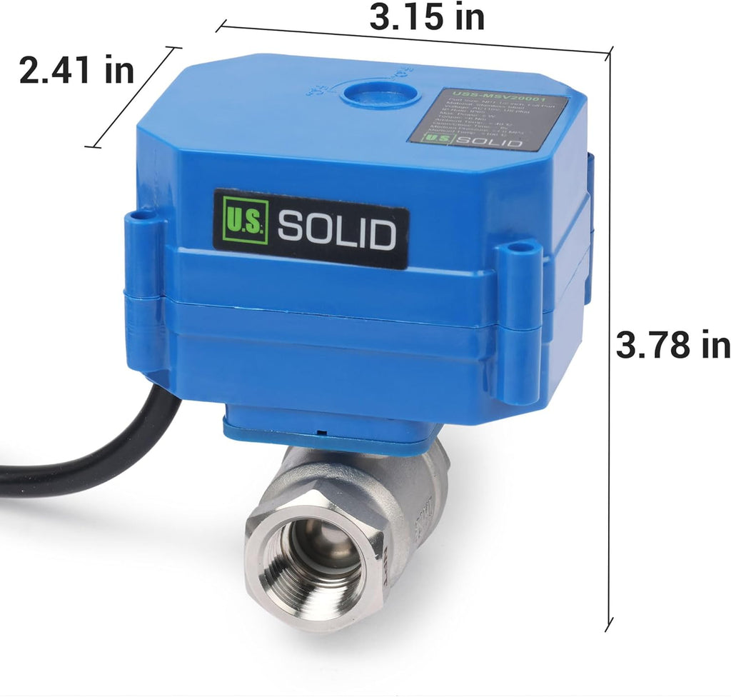 U.S. Solid 1/2" NPT 2-Way Motorized Ball Valve with US Plug 110VAC 304 Stainless Steel Electrical Ball Valve, Auto Return, Normally Closed, IP65, NSF Certified