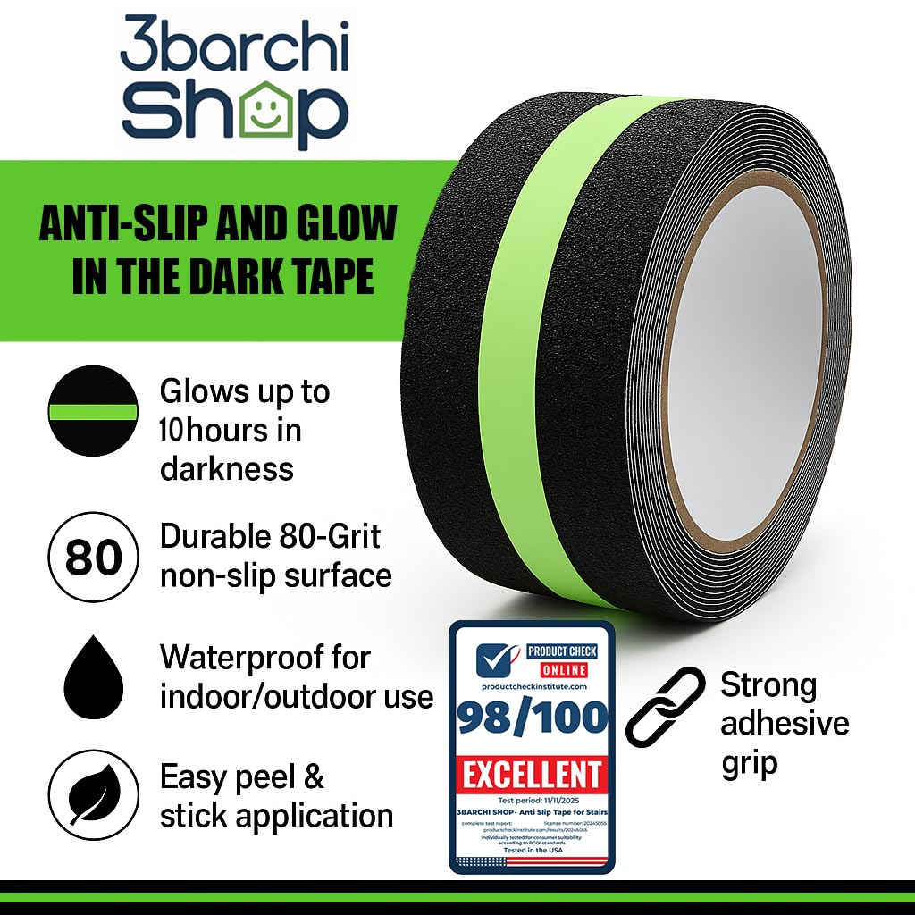 Glow in The Dark Anti Slip Tape for Stairs 2 Pack Safety Grip Strips 2in x 16.4ft Waterproof Non Skid Traction Tape for Indoor & Outdoor Steps Black with Bright Green Walk Caution Tape