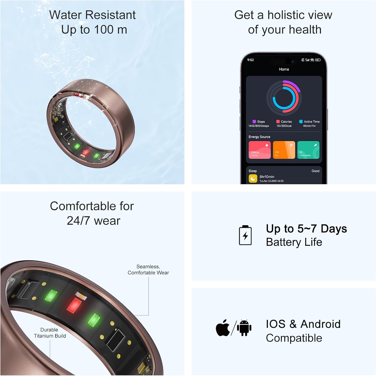 Ring OnePlus - Ultra-Thin Titanium Smart Ring - 7 Days Battery Life - Fitness/SPO₂/Stress/HR/Sleep Skin Temperature Tracker - No App Fee - iOS&Android Compatible (Rosegold, 10)