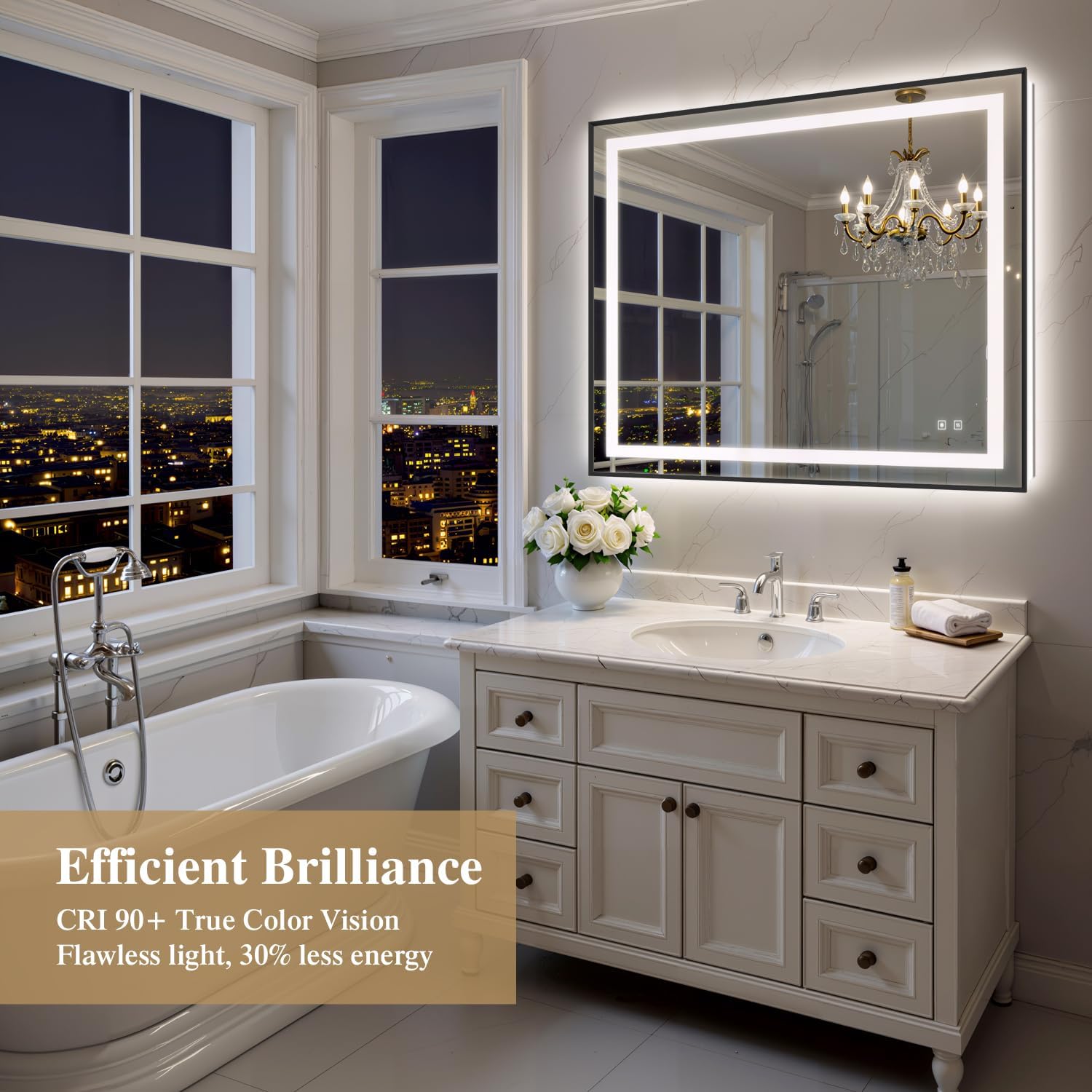48X40 Inch LED Bathroom Mirror with Lights, Black Frame Frontlit+ Backlit Bathroom Vanity Mirror for Wall, Ultra-Clear Tempered Glass, Shatter-Proof, Anti-Fog and Memory Function, ETL Listed