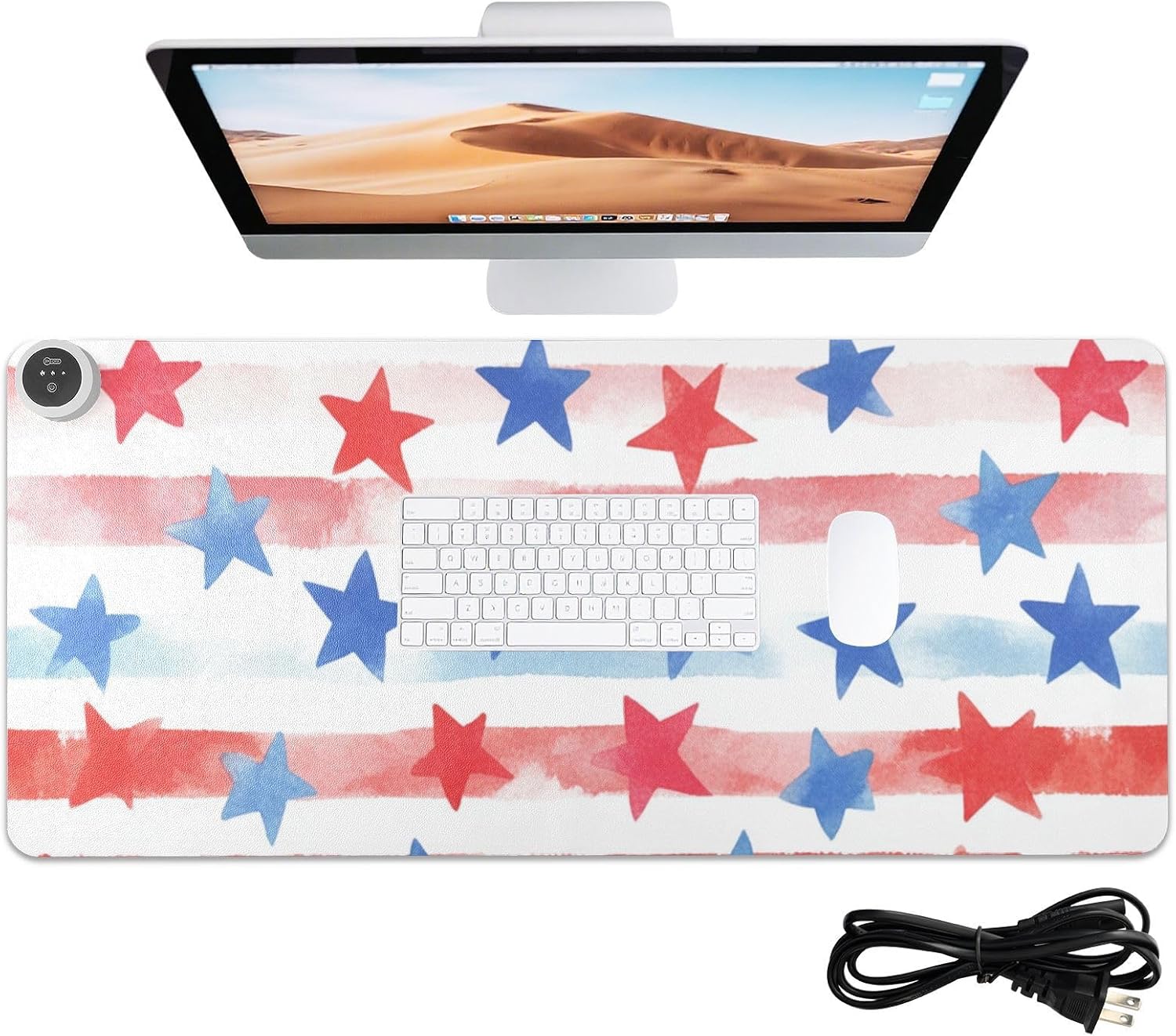 Heated Desk Pad Mouse Pad 31.5x13 Inch PU Leather Desk Mat with 3 Heat Levels Large Mouse Gaming Computer Laptop Mat July 4th Stripes Stars White