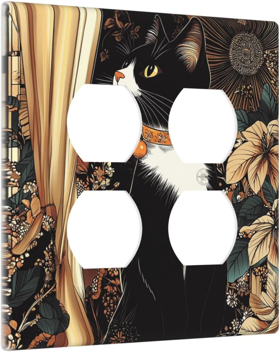 Outlet Covers Boho Mandala Floral Black Cat Vintage Flower 2 Gang Double Duplex Decorative Light Switch Covers Electrical Wallplates Socket Faceplate For Farmhouse Home Decor