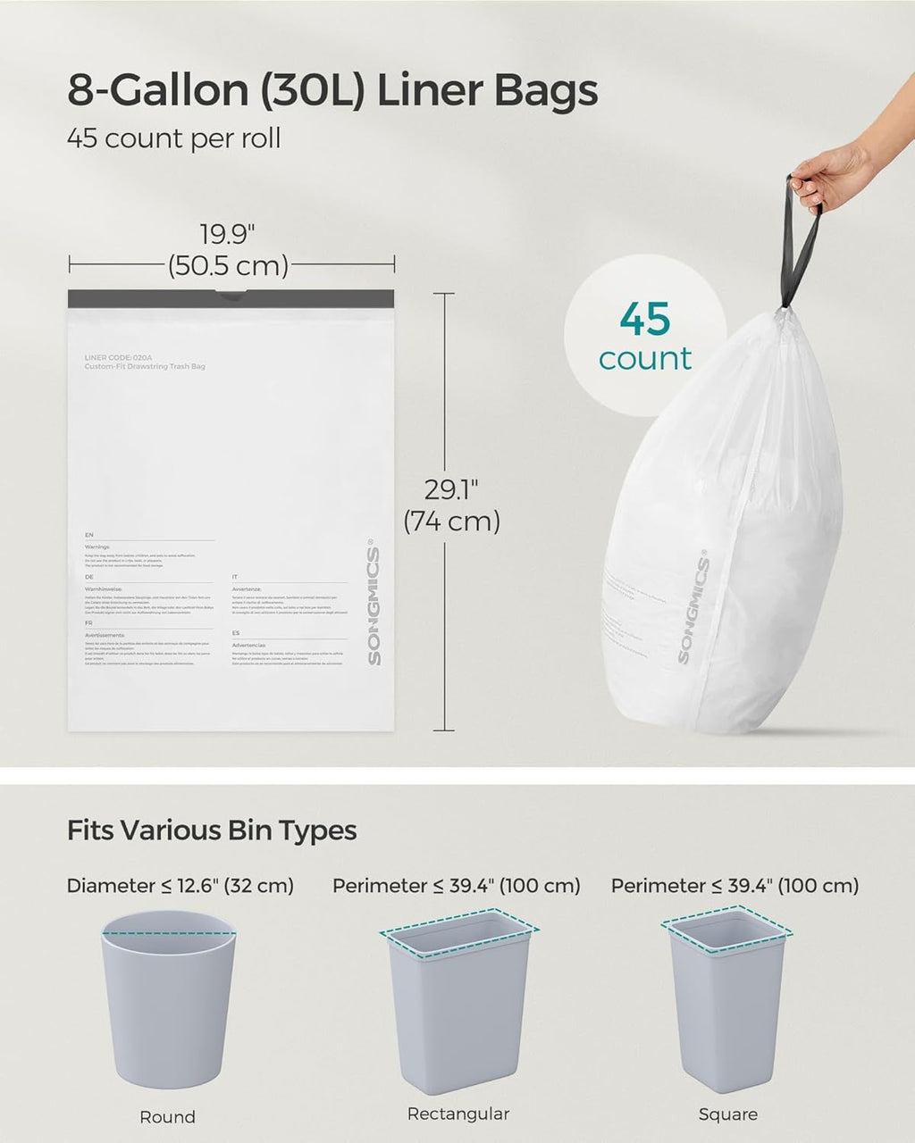 SONGMICS Trash Bags for 8-Gallon (30 L) Trash Cans, Drawstring Kitchen Garbage Bags, Pre-Separated, Liner Code 30A, 1 Roll, 45 Count, White UKRB30A