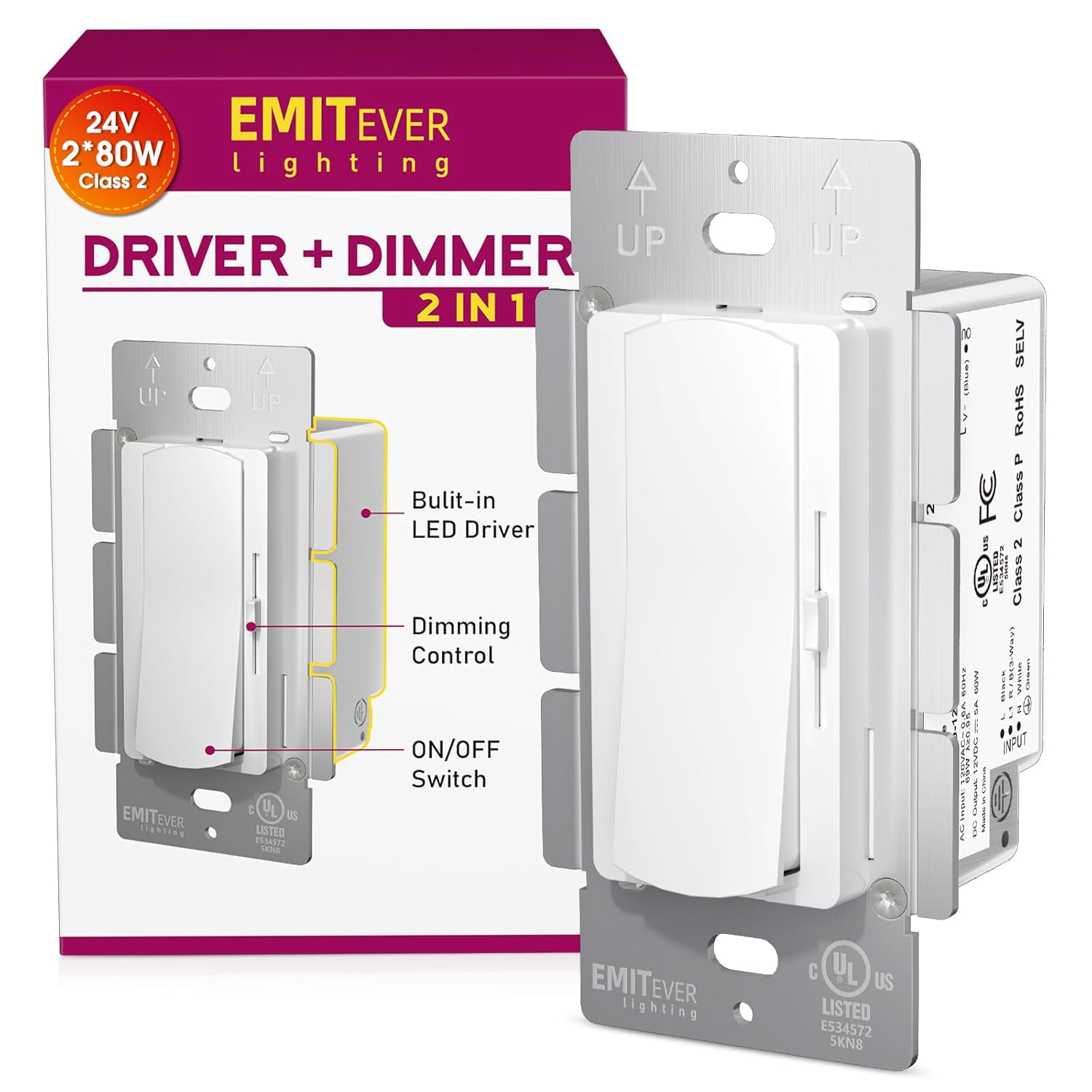 Dimmer Light Switch & 24V 160W Dimmable LED Driver 2 in 1, UL Listed Class 2 Single-Pole or 3-Way Slide Dimmer Switch for Led Lights,120VAC to 24VDC Power Supply for Low Voltage Project, Glossy White