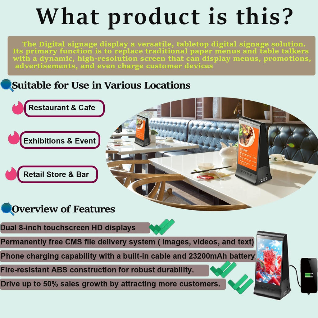 Digital Signage Display for Tabletop ,Interactive Digital Signage with Double 8 inch LCD Touch Screen and WIFI Connected,Rechargeable 23200mAh Battery,Portable Advertising Kiosk for Restaurants,Bar, Hotel ,Cafe (Black)