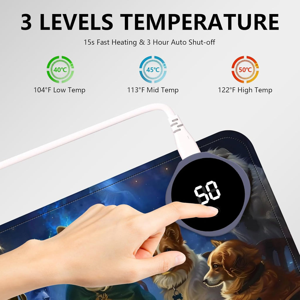 Heated Mouse Pad with 3 Levels Heated & 3 Hours Auto Shut-Off Mouse Pad for Warming Hands in Office Home, 23.6" x 14.2"Large Safe Desk Mat Hand Warmer，Dog Cards