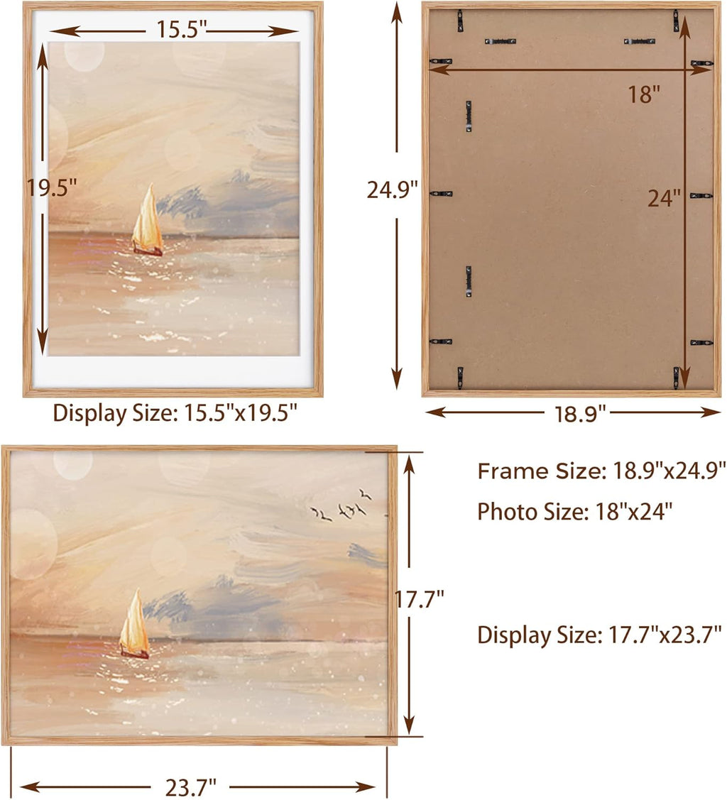 Fun Memories 18x24 Picture Frames, Oak Wood 18 x 24 Poster Frames Set of 2, 18x24 Frame Matted to 16x20, Rustic Wooden 18 x 24 Frame with Tempered Glass, Minimalist 18"x24" Art Frames, Oak Color