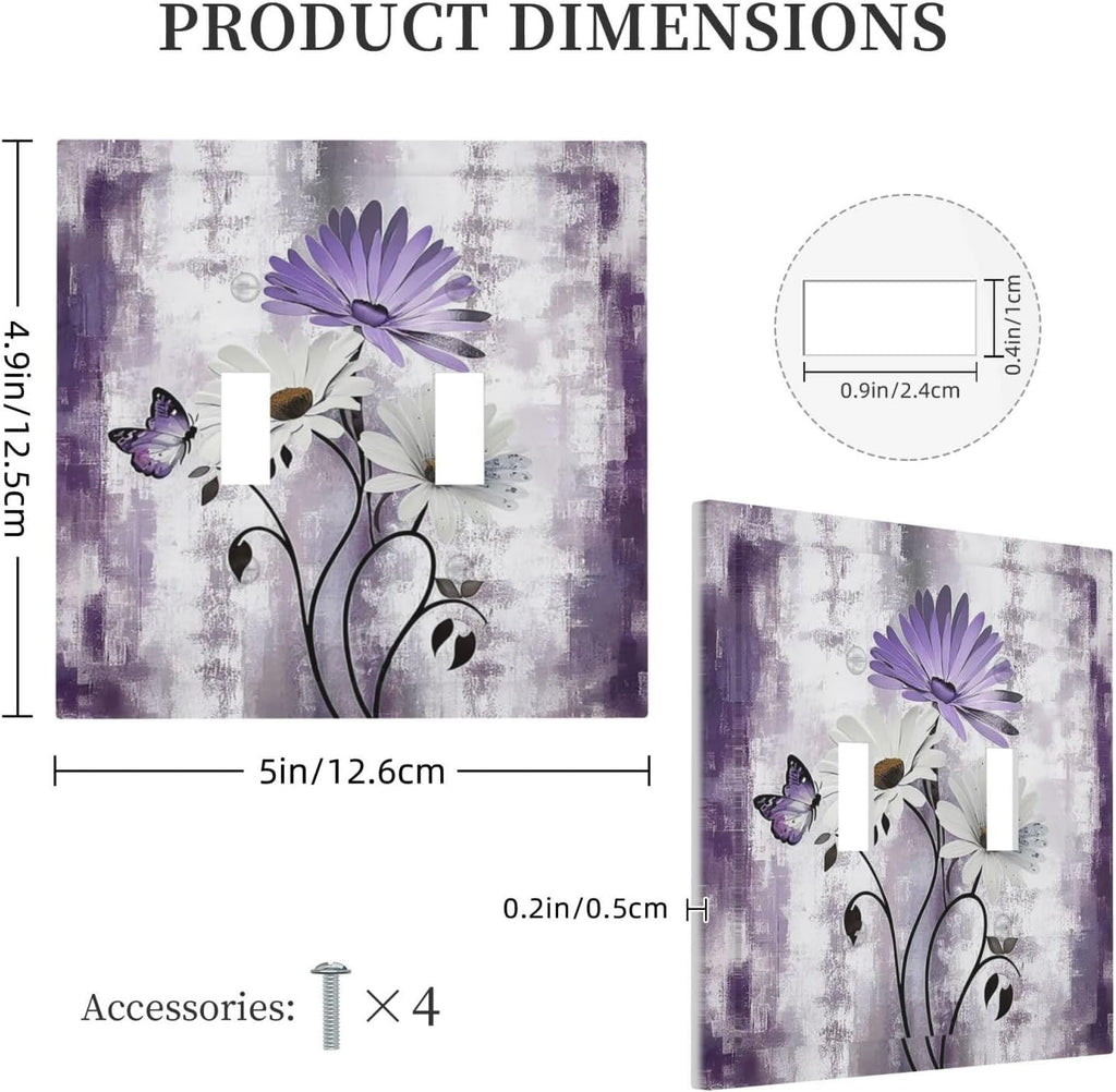 Purple Daisy White Floral Butterfly Flowers 2 Gang Double Toggle Light Switch Cover Decorative Switchplate Electrical Wall Plates Faceplate for Bathroom Bedroom Decor 4.9 X 5 IN