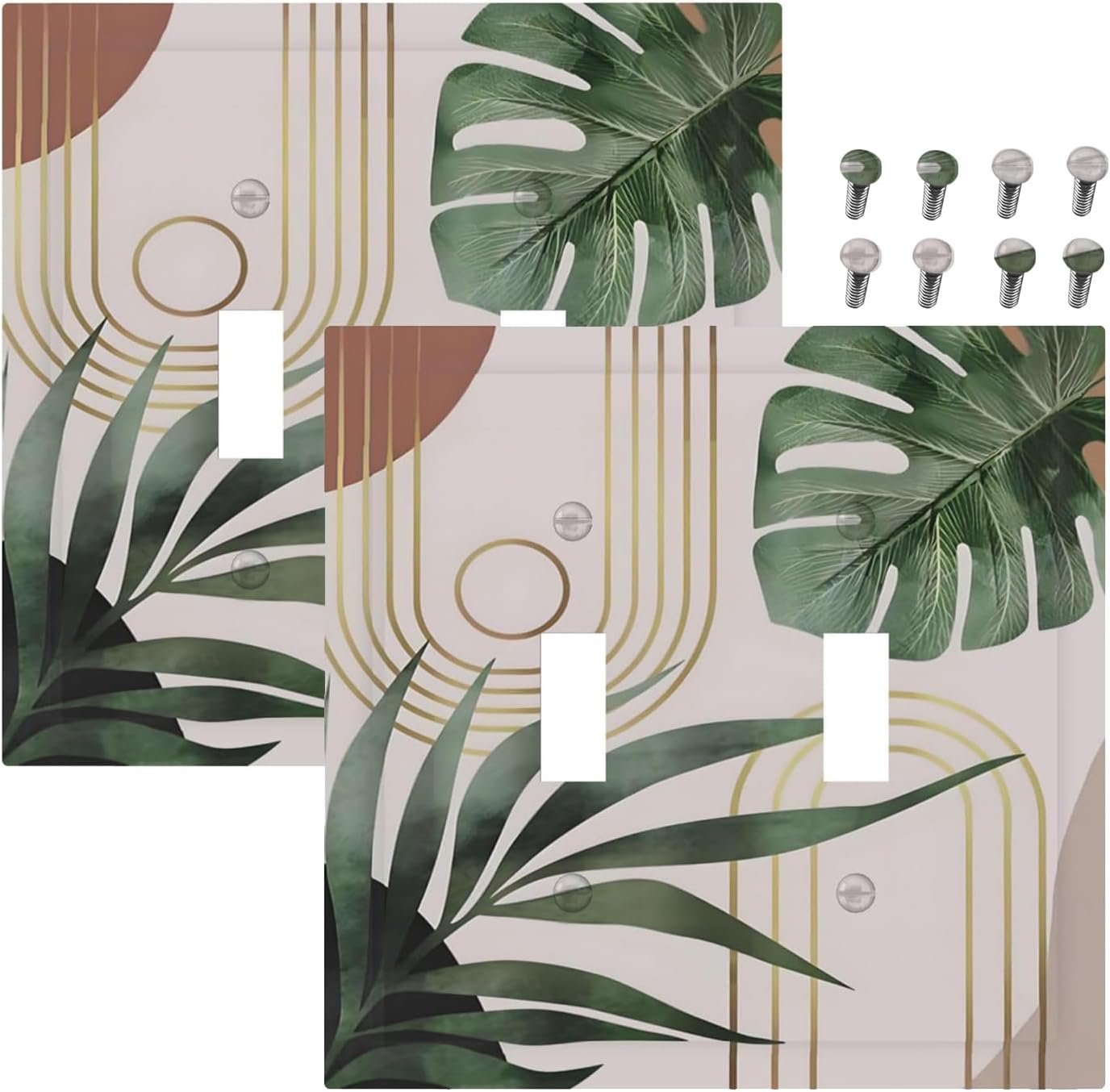 Decorative Light Switch Plate Covers Boho Mid Century Arch Green Leaves 2 Gang Light Switch Cover Plate Double Toggle Wall Plate Outlet Covers for Bedroom Home Decor（2 Pack）
