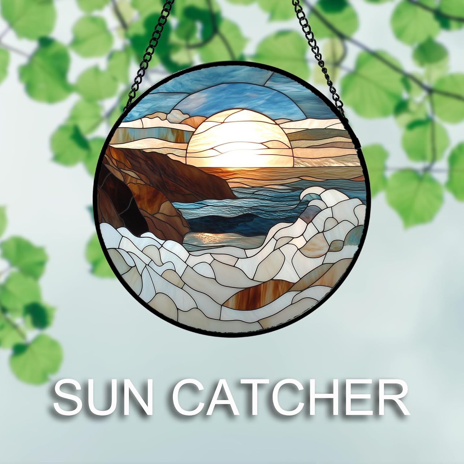 Stained Glass Window Hanging 4 Pcs Set Ocean Waves Large 15" - Blue and White Sea Suncatcher Door Garden Sun Catcher Decor Birthday Christmas for Mom Woman Nana Men
