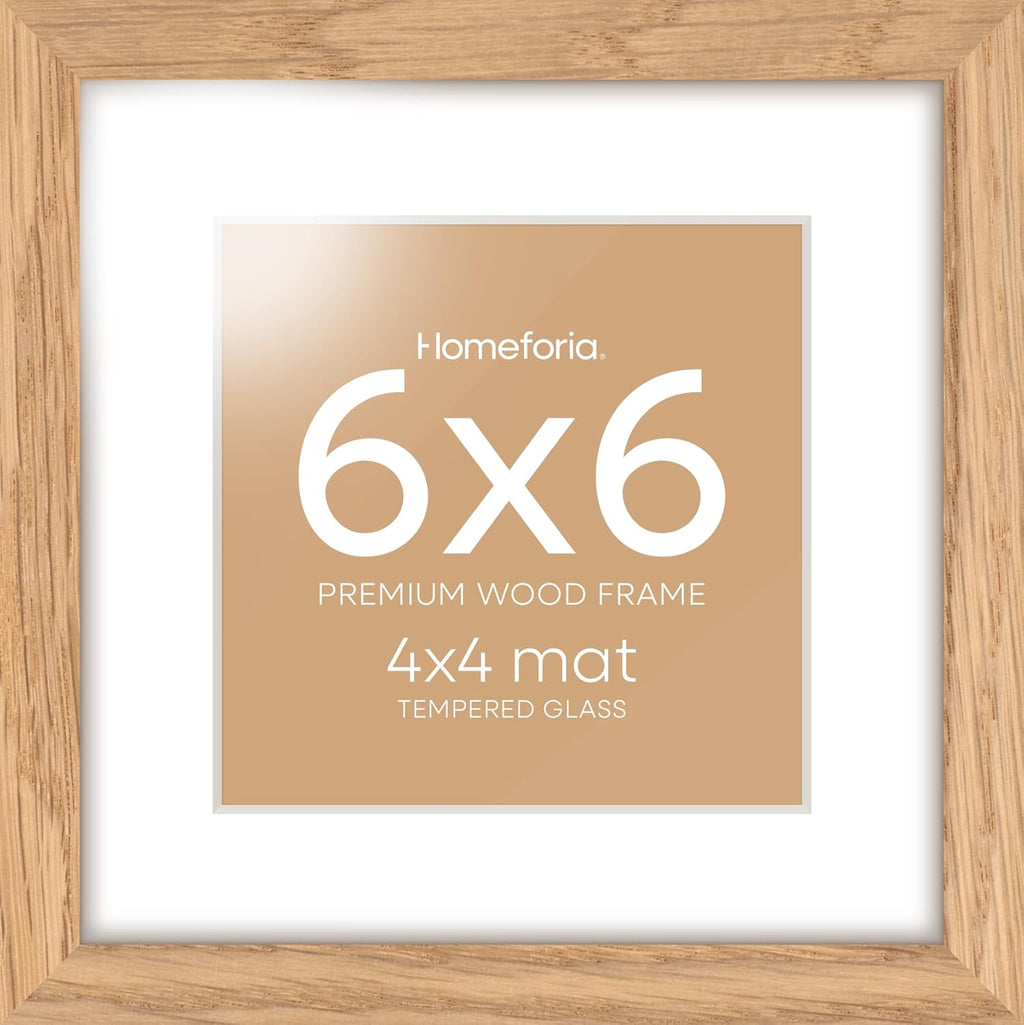 Homeforia 6x6 Picture Frames Wood, High-End Natural Oak 6 x 6 Square Frames with Mat 4 by 4 inch Photo, 6by6 Light Wooden Frames Matted to 4x4 Print, Tabletop Frame, Tempered Glass, Wall Kit, Set of 1