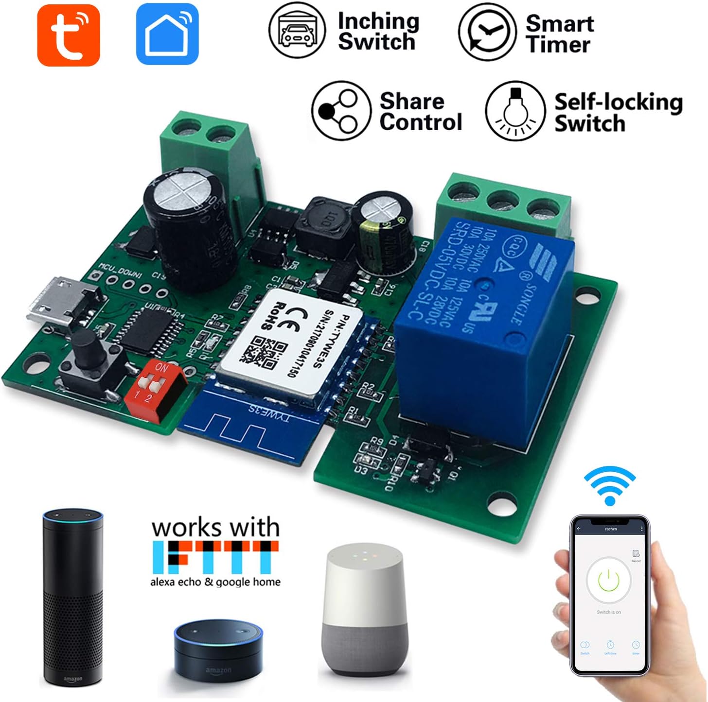 WiFi Wireless Inching Relay Switch Momentary DIY Smart Home Remote Control DC 5-32V AC 90-250V Compatible With Alexa Echo IFTTT (Using TUYA/Smart Life APP)