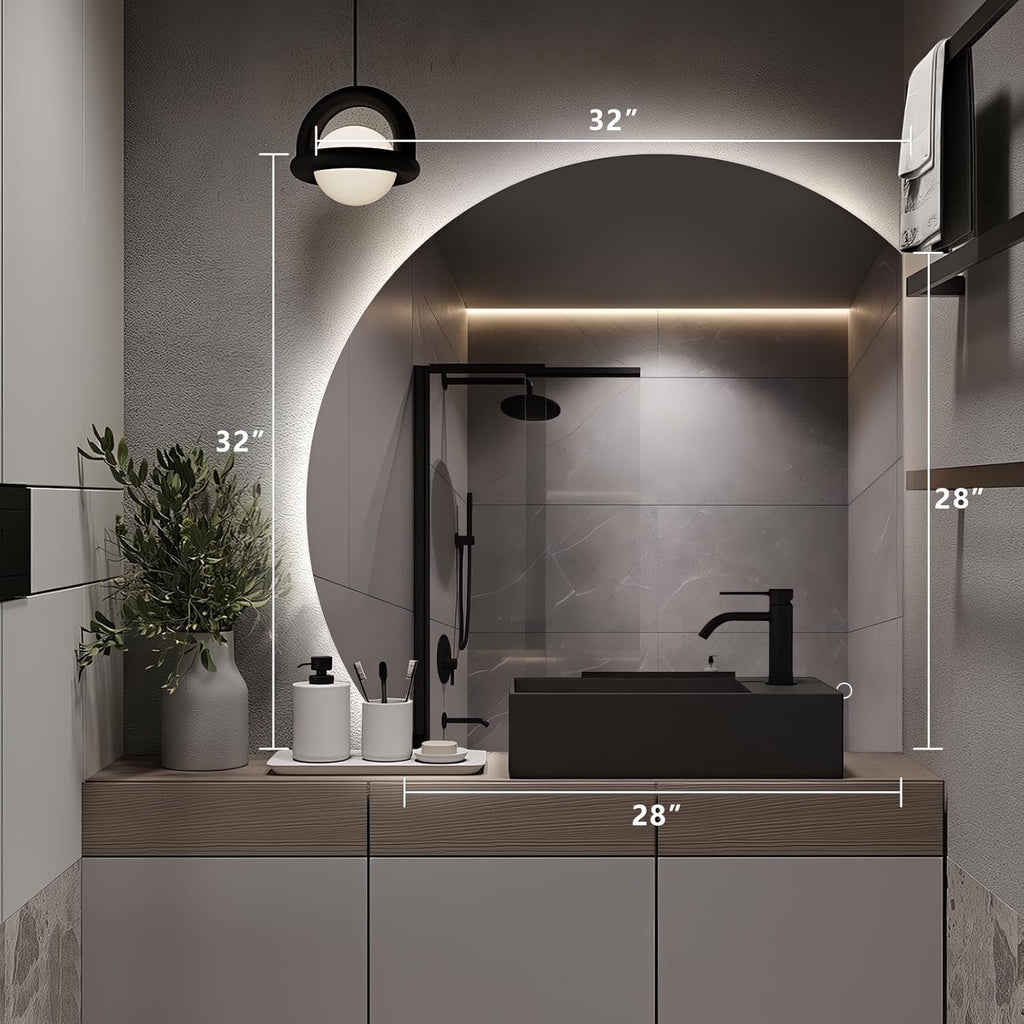 Niccy Half Moon LED Mirror for Bathroom, 32" Semi Backlit Mirror Frameless Makeup Mirror with Light, Anti-Fog, Shatter-Proof, 3 Colors, Smart Vanity Mirror