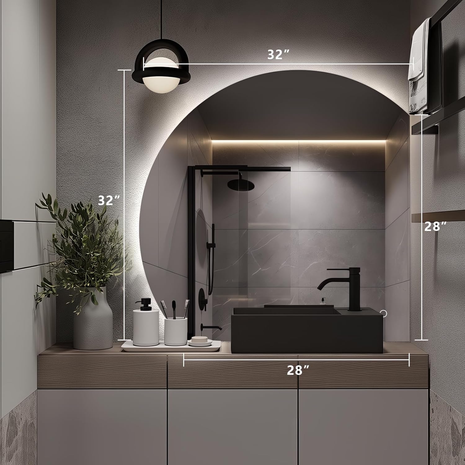 Niccy Half Moon LED Mirror for Bathroom, 32" Semi Backlit Mirror Frameless Makeup Mirror with Light, Anti-Fog, Shatter-Proof, 3 Colors, Smart Vanity Mirror