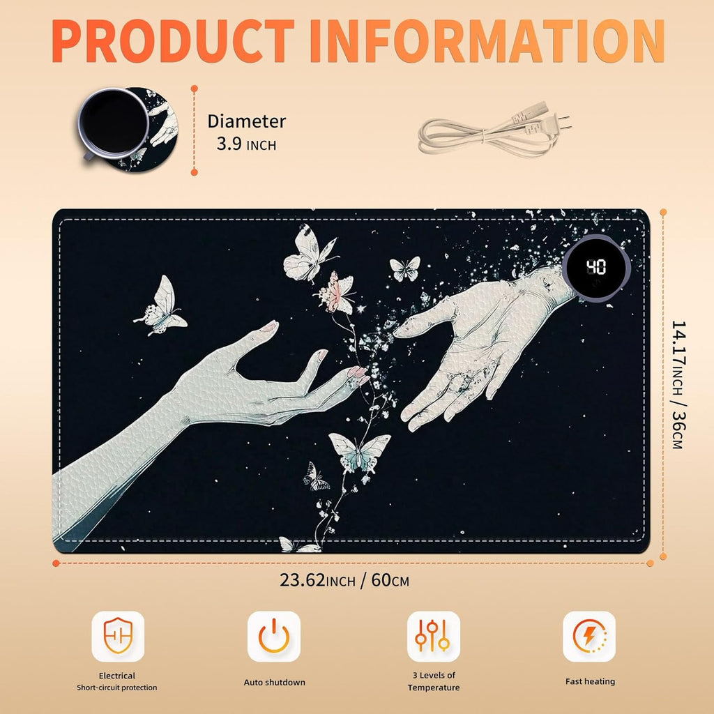 Heated Mouse Pad 23.6 x 14 in 3-Temp Fast Heating Desk Mat with Auto Timer Warmer for Hands Wrist Pain Relief Waterproof Keyboard Mat for Office, Gaming, Home, Butterfly Hands Art
