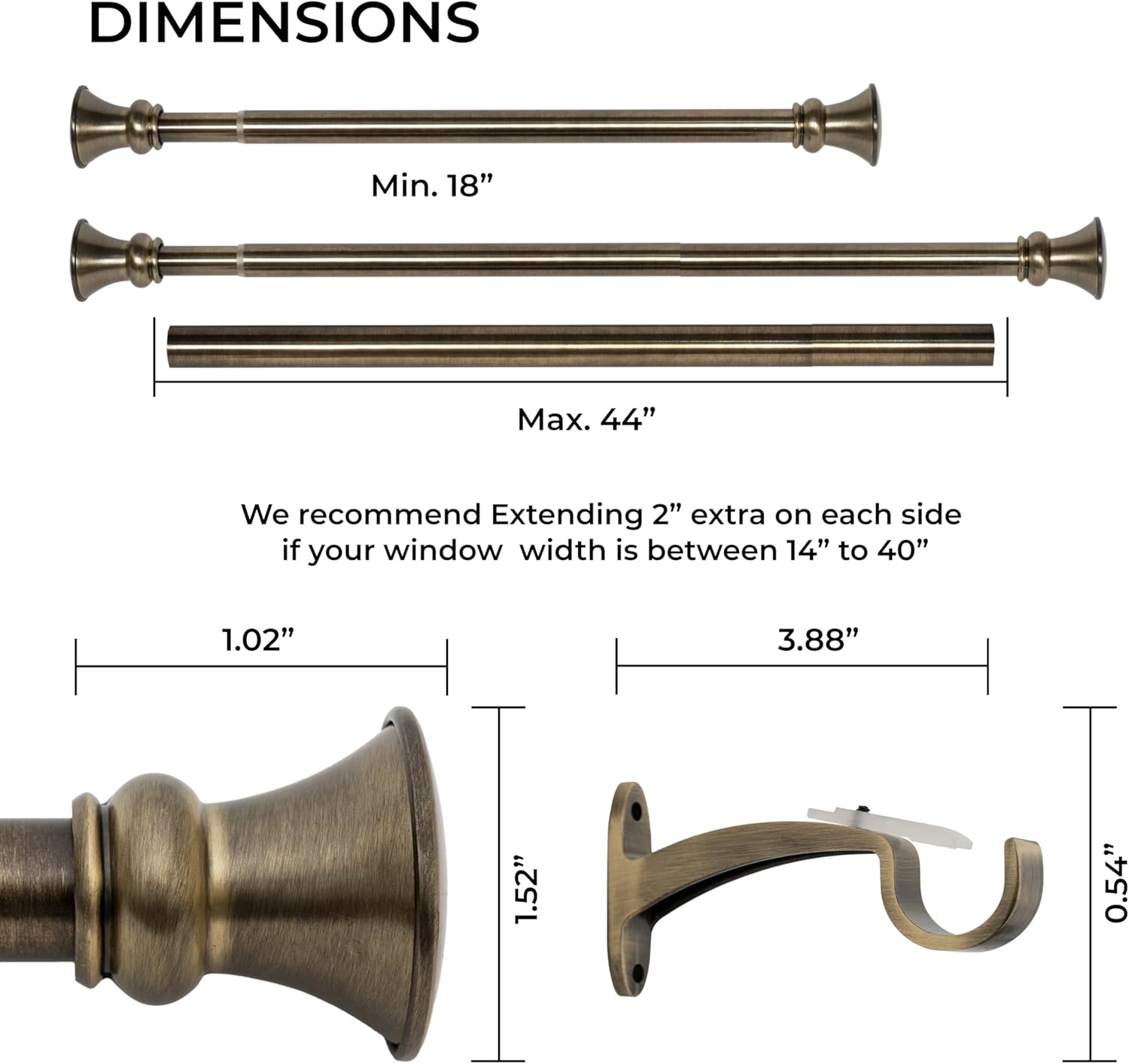 Deco Window Adjustable Curtain Rod for Windows 18 to 44 Inch (Pack of 1) Extendable Heavy Duty 1 Inch Iron Drapery Pole with Finials Wall Mounted French Door Curtain Rods (Brass)