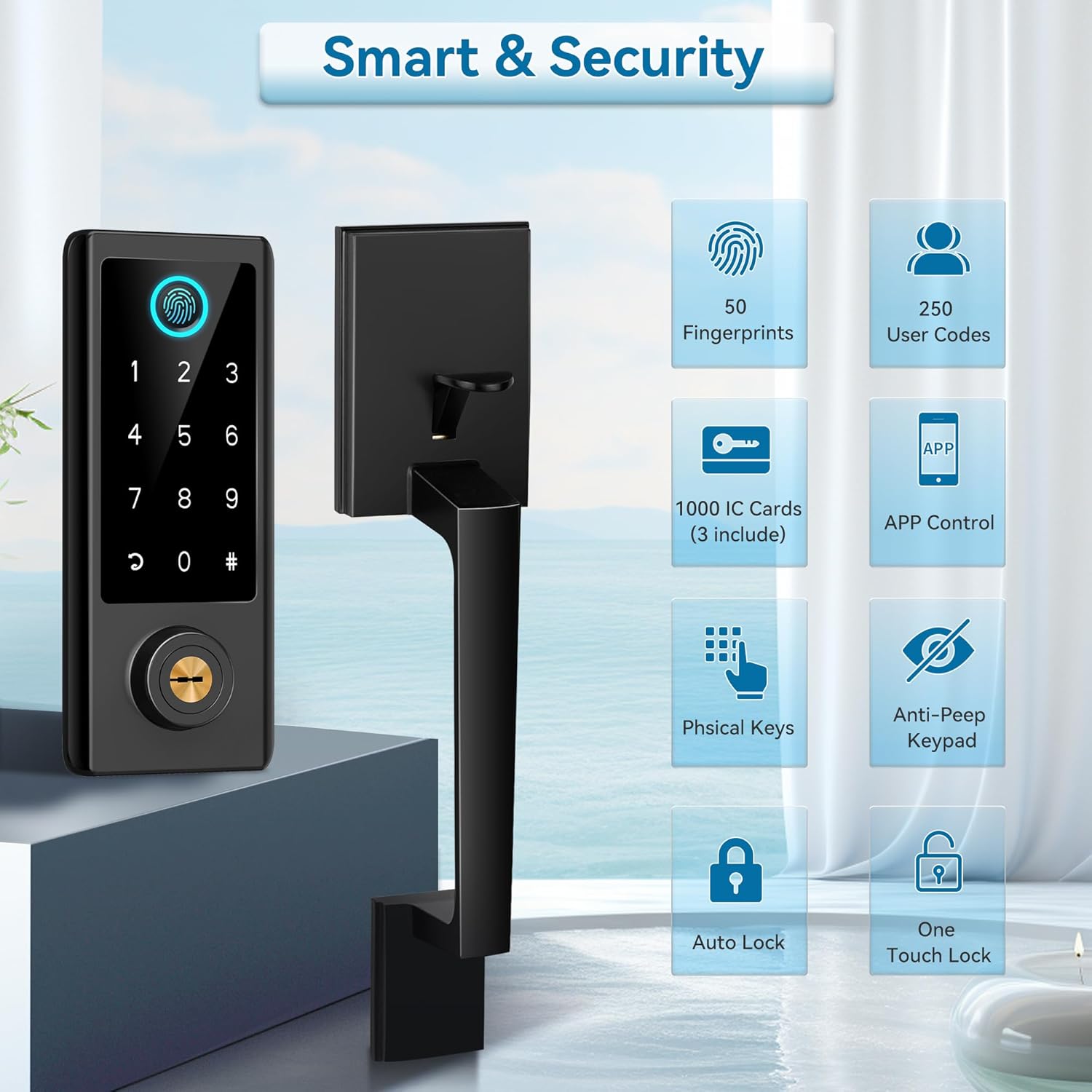 Fingerprint Door Lock with Handle Sets, BEBASIA Keyless Entry Door Lock, Bluetooth Front Handle Set, Smart Deadbolt, Electronic Keypad Digital Lock with Handle, Black