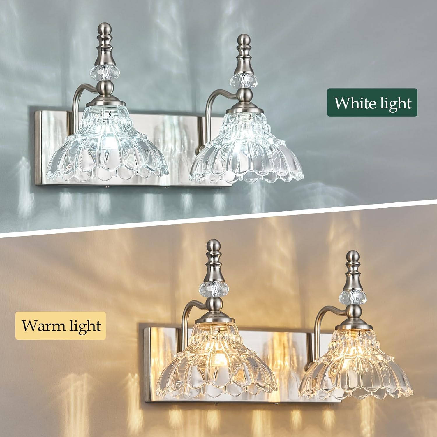 Vintage Bathroom Vanity Light, 2-Light Brushed Nickel Vanity Lighting Fixture with Flower Glass Shade, Bathroom Lighting Fixtures Over Mirror