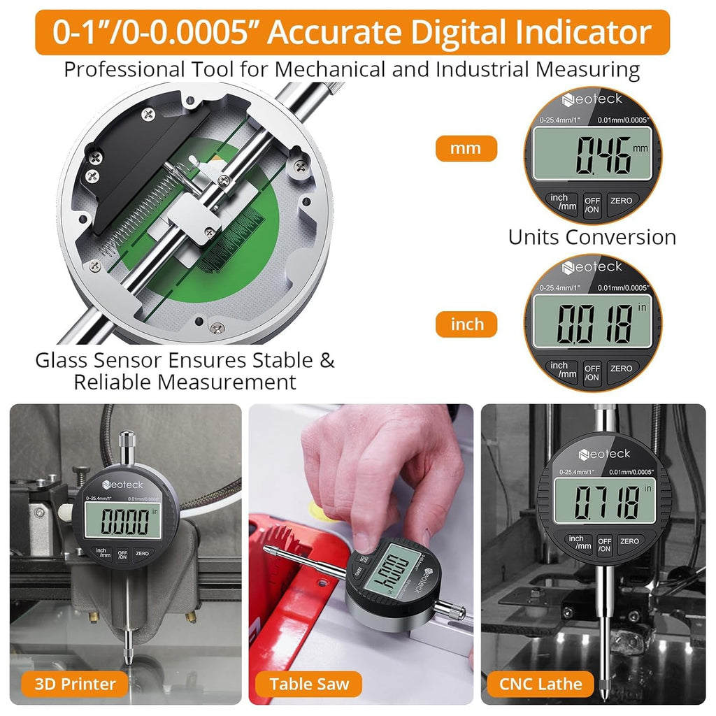 Neoteck Digital Dial Indicator Gauge and Magnetic Base Set with Storage Case 0-1 inch/25.4mm,0.01mm/0.0005" Inch/Metric Conversion Measuring Tool for 3D Printer Lathe Workshop CNC Machine-Black
