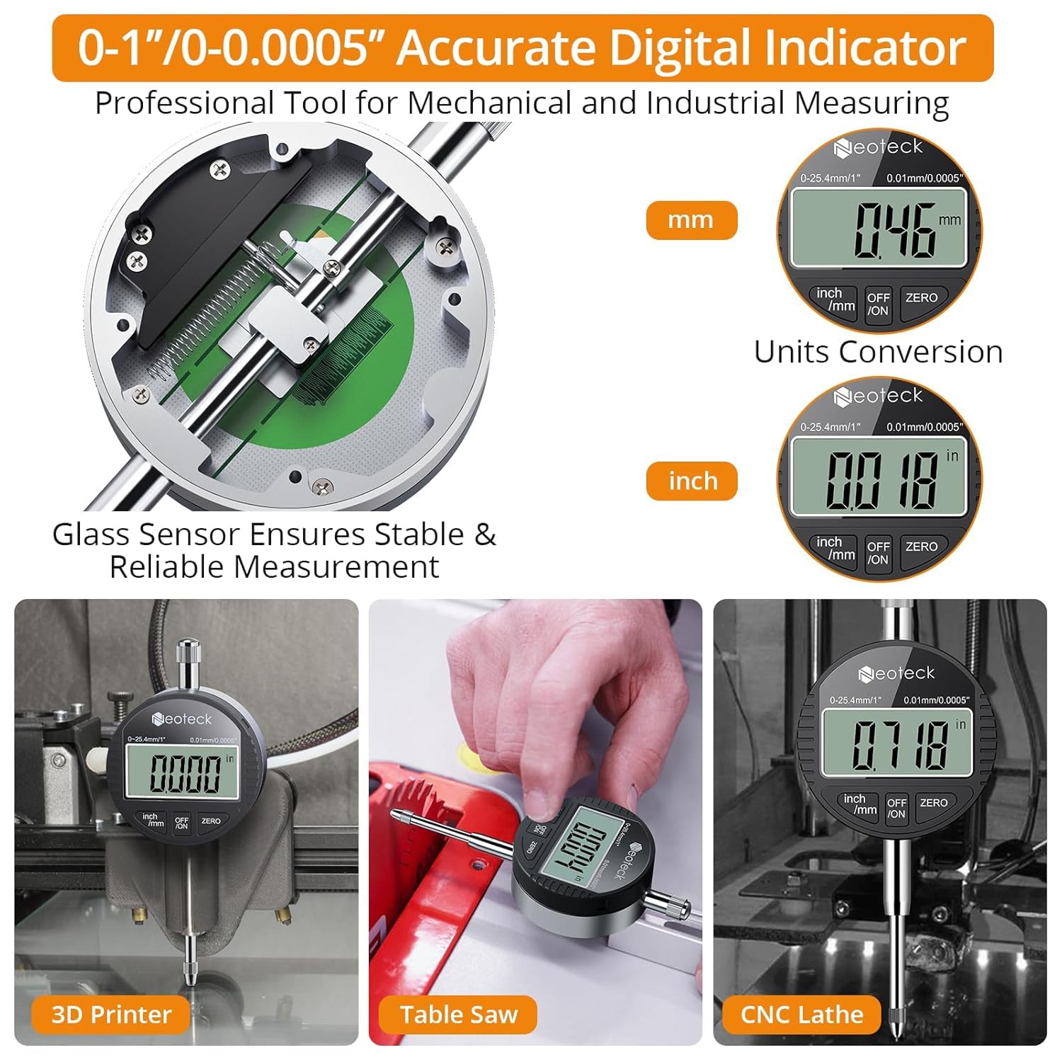 Neoteck Digital Dial Indicator Gauge and Magnetic Base Set with Storage Case 0-1 inch/25.4mm,0.01mm/0.0005" Inch/Metric Conversion Measuring Tool for 3D Printer Lathe Workshop CNC Machine-Black