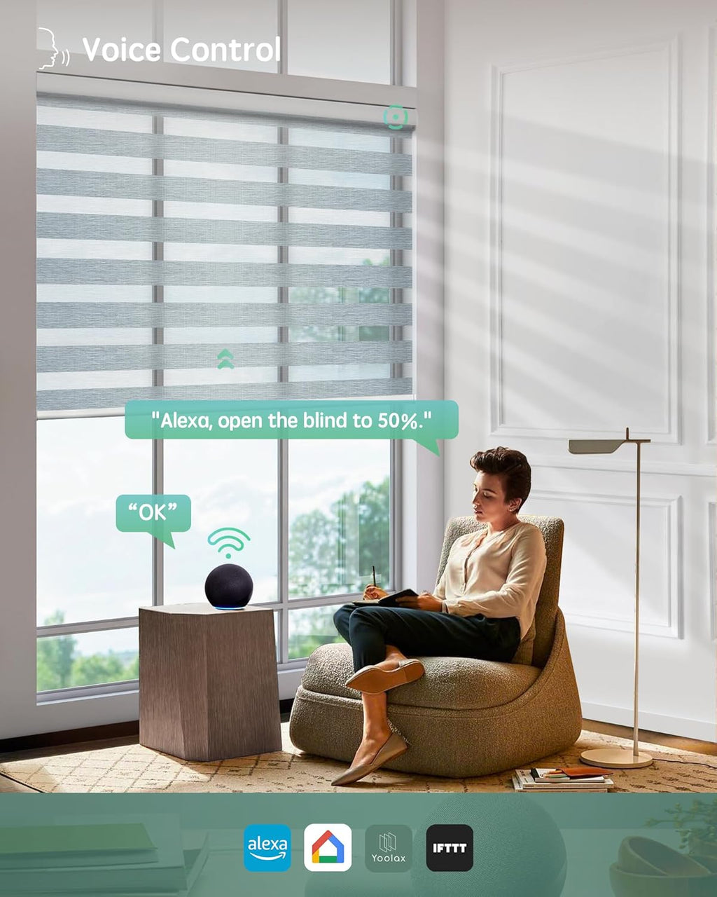 Yoolax Motorized Blinds with Remote, Electric Zebra Blinds for Indoor Windows, Room Darkening Smart Shades with Voice Control, Compatible with Alexa Google Home, APP Control, 52" W x 72" H, Grey
