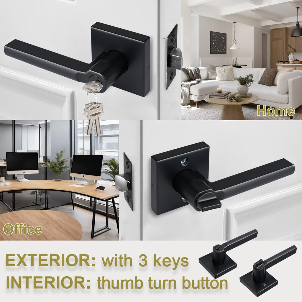 Keyed Entry Door Lever with Lock, Heavy Duty Square Interior Handle for Front Door and Office, Matte Black, Reversible for Right&Left Handed, 5Packs