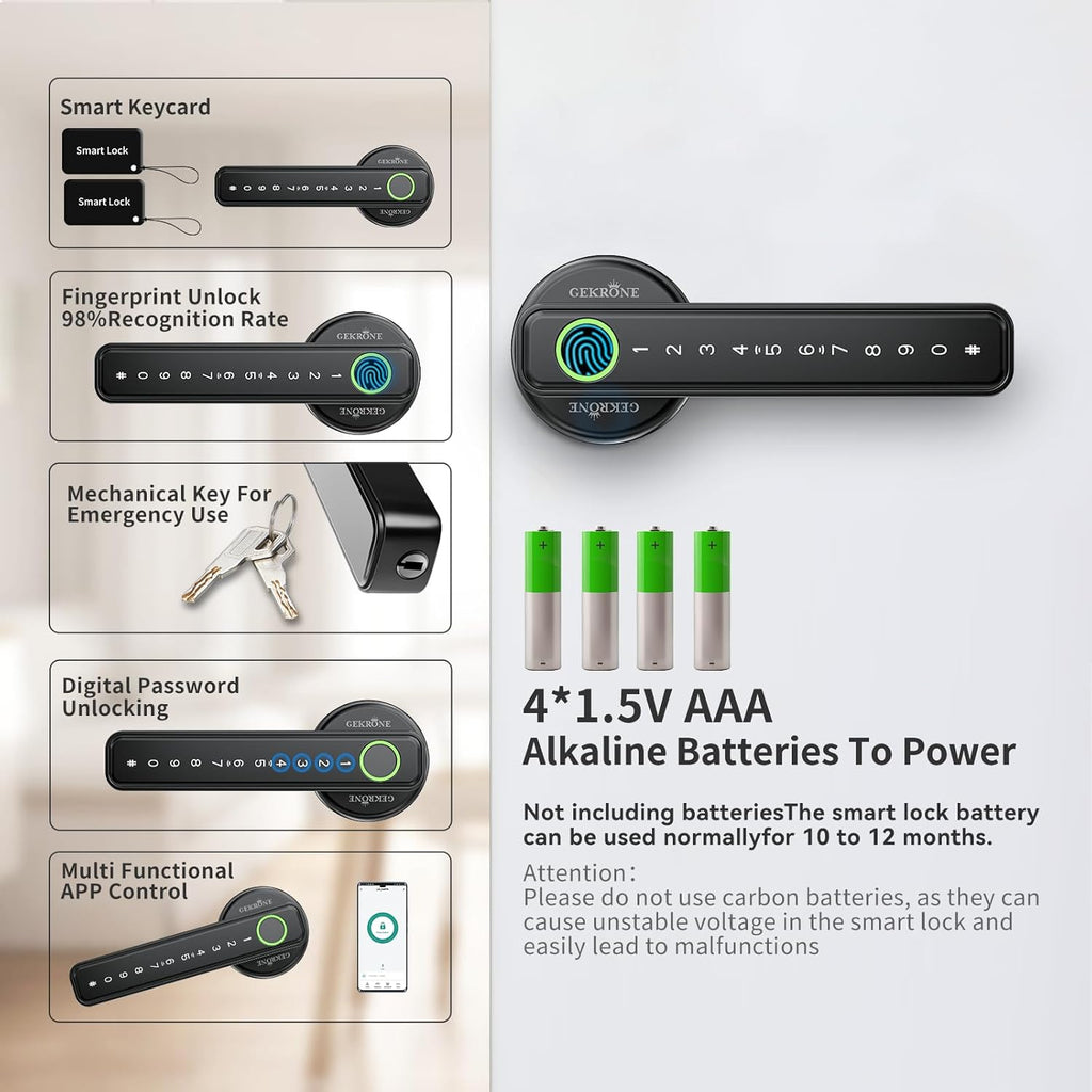 Fingerprint Smart Lever Lock TUYA APP Control Keyless Entry Bluetooth Touchscreen Indoor Handle Biometric Electronic Digital Door Knob with Keypad Suitable for Hotel Office Apartment Bedroom