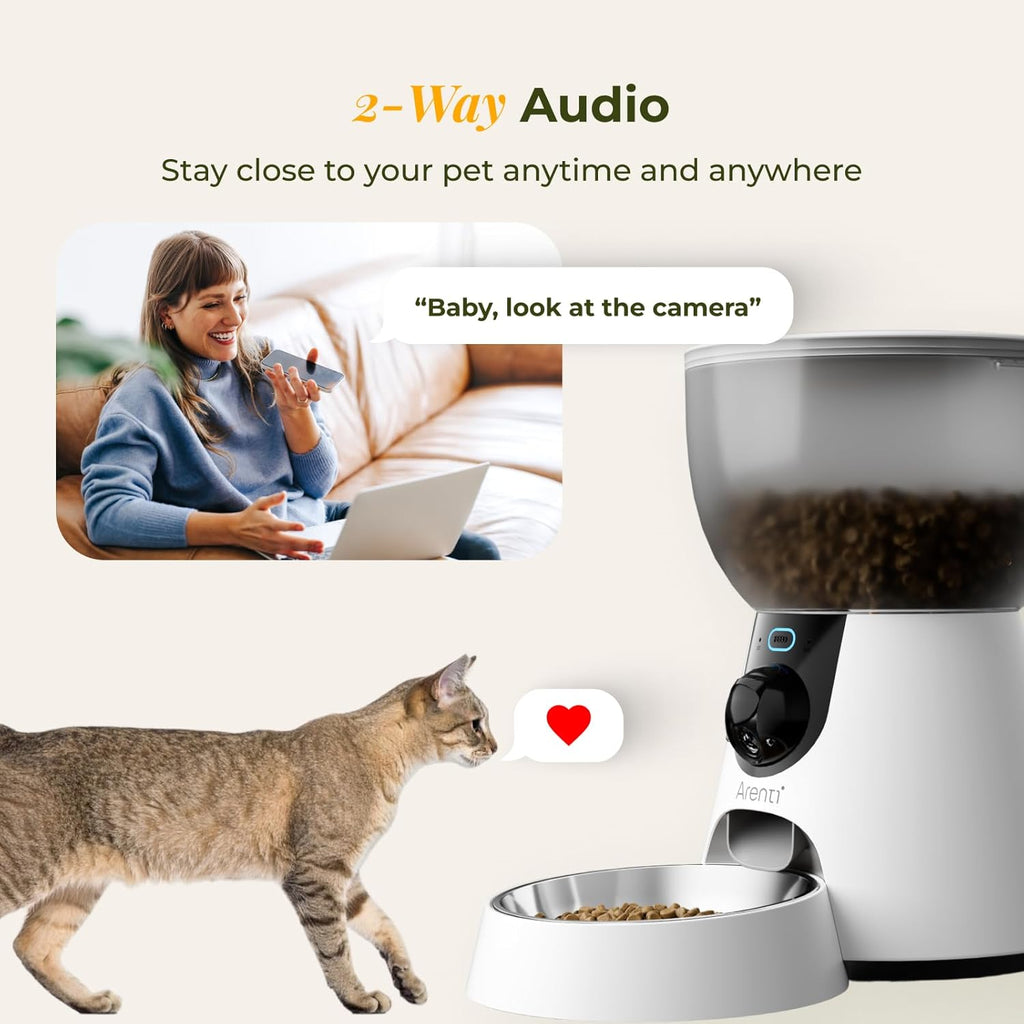 ARENTI Automatic Cat Feeder with Camera, 4L Auto Cat Food Dispenser for Cats, Smart WiFi Pet Feeder with App, 2K HD Two-Way Audio Meal Call, Dual Power, Color Night Vision, 2.4GHz/5GHz & Bluetooth