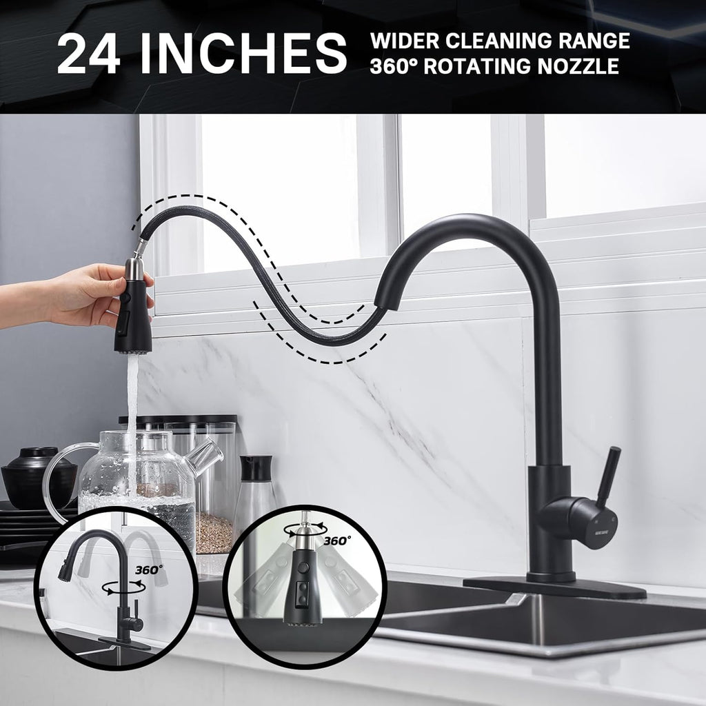 WEWE Kitchen Faucets with Pull Down Sprayer, Black Kitchen Faucet, Commercial Single Handle Design with Perfect Arc with Hoses for Rv Kitchen Bar (2 Pack)