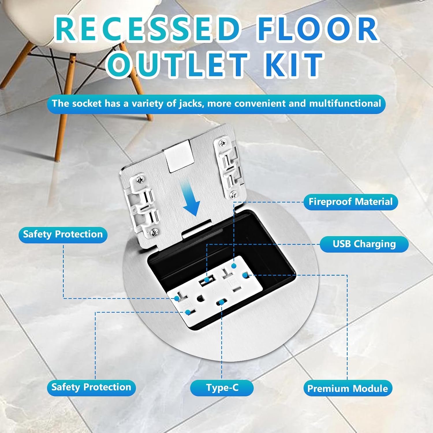 KYHSHJ Recessed Circular Floor Socket Kit with 2 * 20A Receptacle，4.8A 1 USB-A Ports &1 USB-C Port，Corrosive Resistant Hardware,Silver