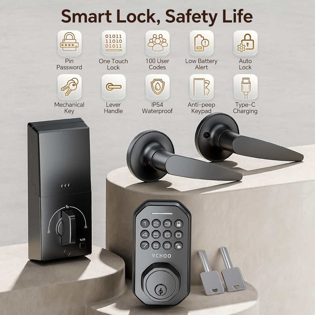 Keyless Entry Door Lock Set Smart Locks for Front Keypad Door Lock with Handle Automatic Lock One Time Password Anti Peeping Password IP54, Black