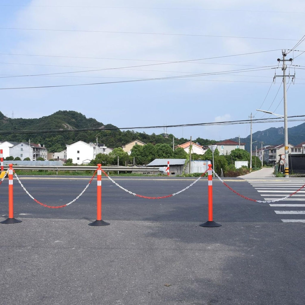 6 Pack Traffic Delineator Post Cones with Plastic Chain Crowd Control Barriers - Expandable 40" Traffic Control Cones, 6 x 6.6 Ft Chains for Indoor & Outdoor Use (Red-Rubber Base)